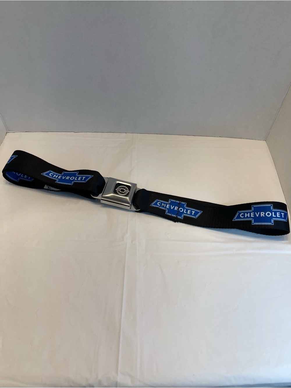 Chevrolet Black and Blue Seatbelt-Style Belt with Metal Buckle